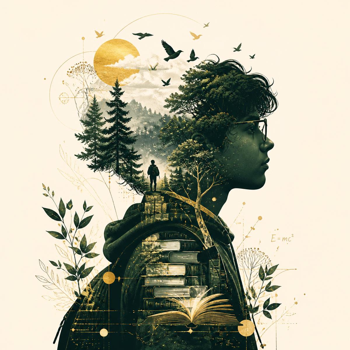 Student silhouette filled with trees, books and ideas
